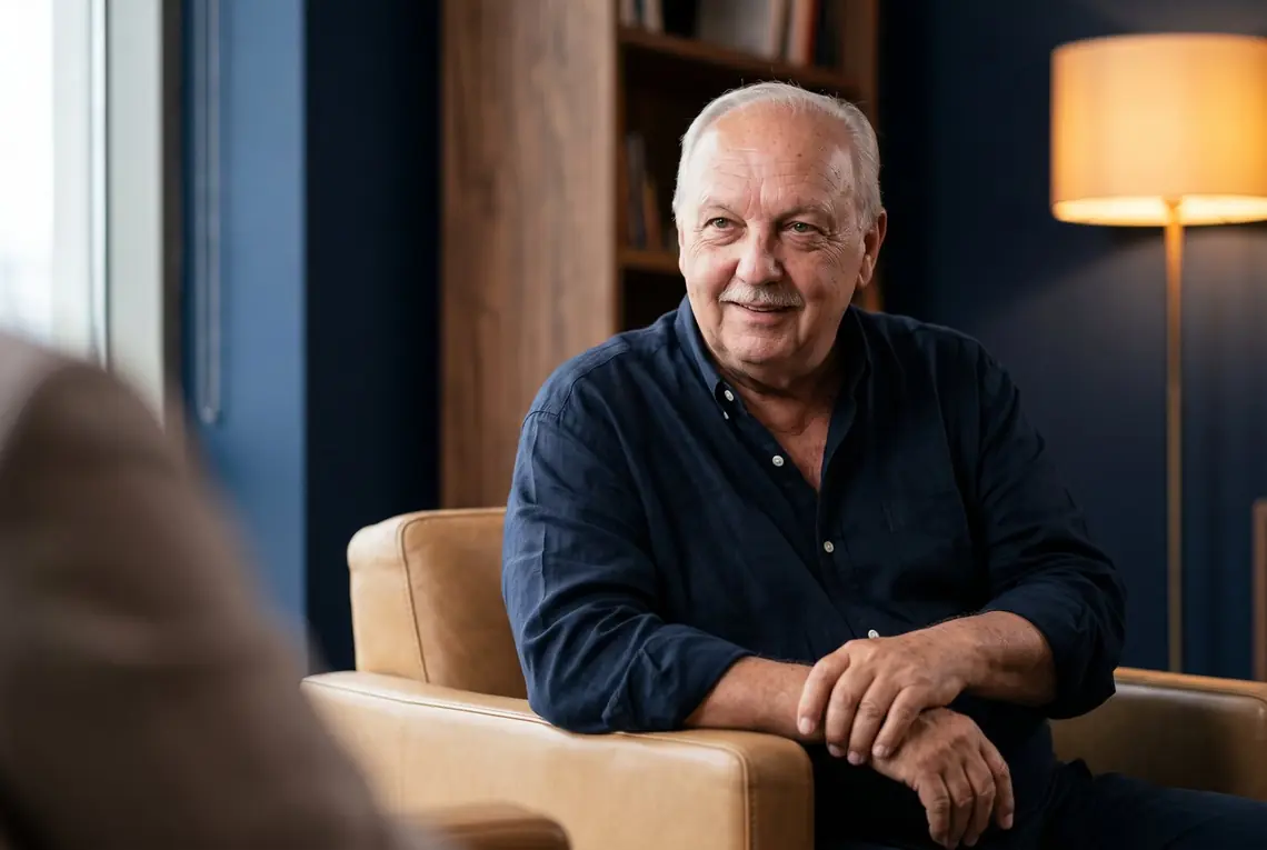 Han Koopman in gesprek, zittend in een fauteuil