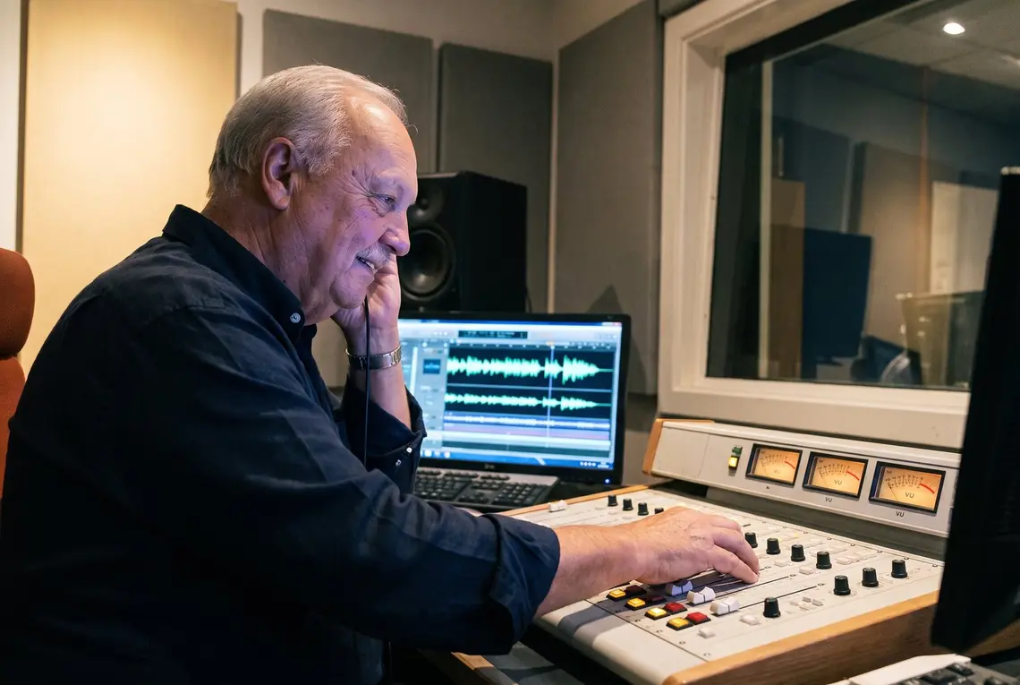 Han Koopman achter de mengtafel in de radiostudio